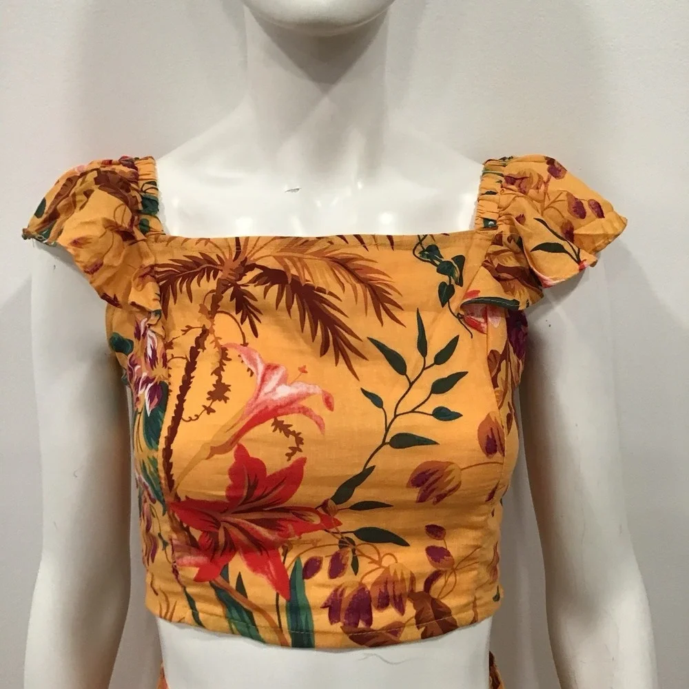 Rachel Roy Linen Skirt Set 3 Blouse Maxi Skirt Belt Floral Vacation Outfit Small